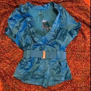 Vibrant Teal or Turquoise    Belted Cap Sleeved Blouse